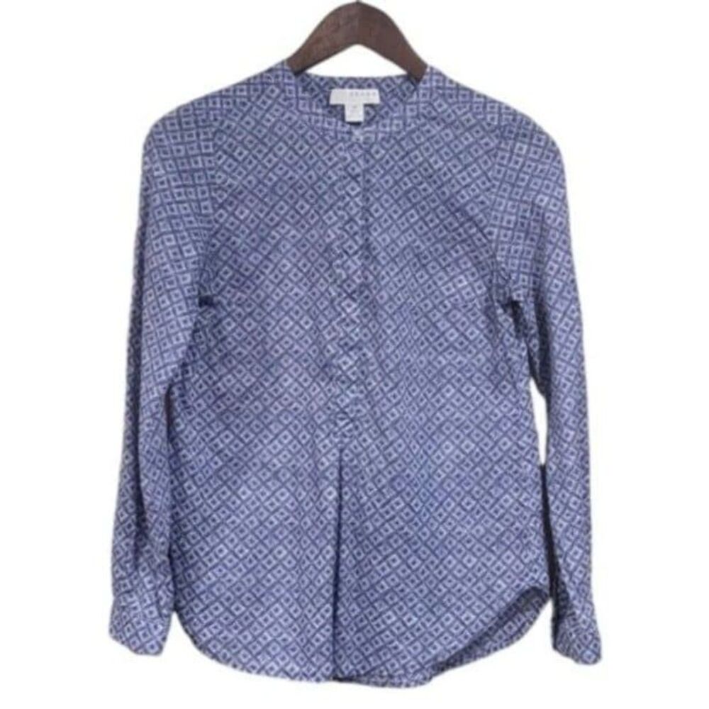 Kenar Womens XS Roll Tab Long Sleeve Blouse Blue Geometric Cotton Top Coastal
